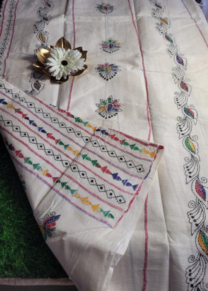 White Cotton Saree With Kantha Work- Bengal