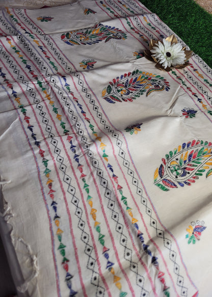 White Cotton Saree With Kantha Work- Bengal