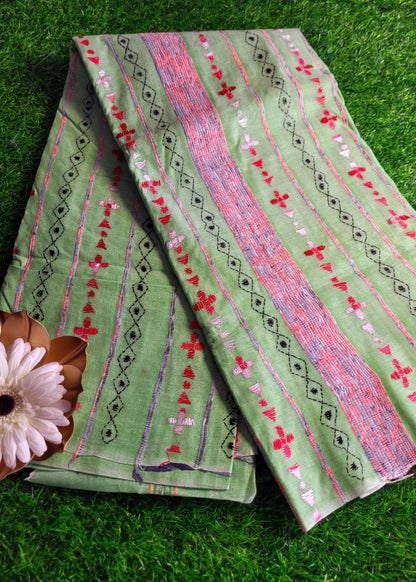Light Green Cotton Saree With Kantha Work- Bengal