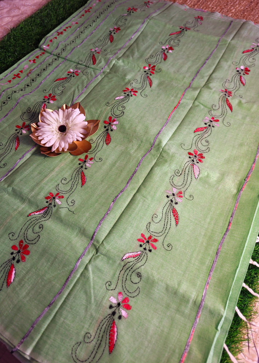 Light Green Cotton Saree With Kantha Work- Bengal