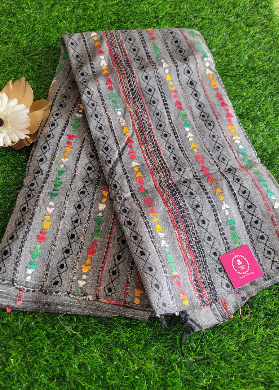 Grey Colour Cotton Saree With Kantha Work- Bengal