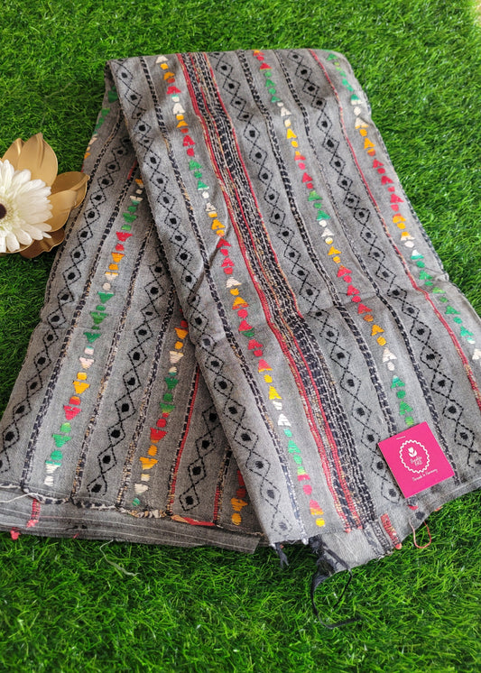 Grey Colour Cotton Saree With Kantha Work- Bengal