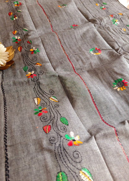 Grey Colour Cotton Saree With Kantha Work- Bengal