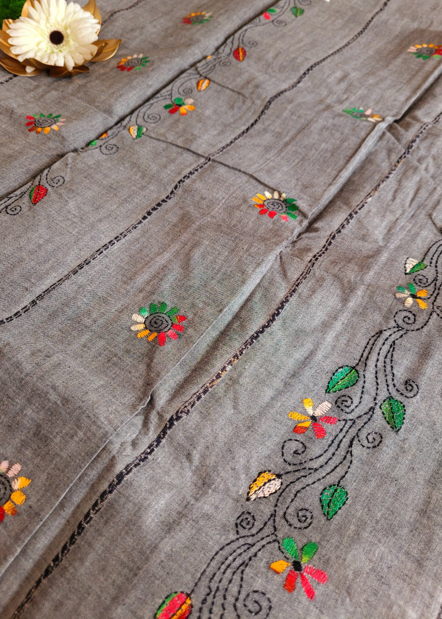 Grey Colour Cotton Saree With Kantha Work- Bengal