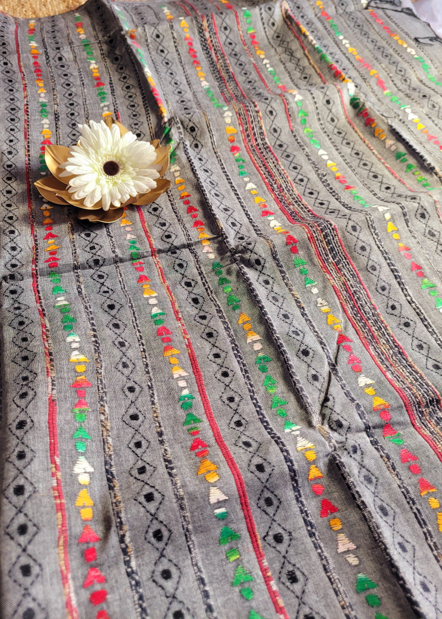 Grey Colour Cotton Saree With Kantha Work- Bengal