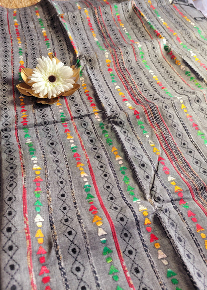 Grey Colour Cotton Saree With Kantha Work- Bengal