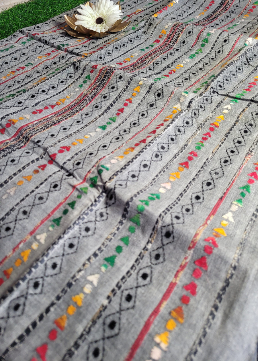 Grey Colour Cotton Saree With Kantha Work- Bengal