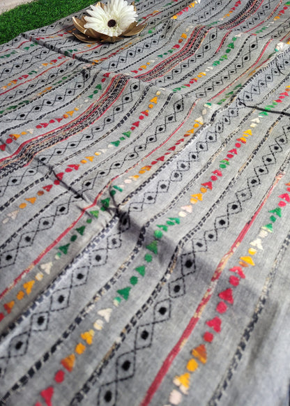 Grey Colour Cotton Saree With Kantha Work- Bengal