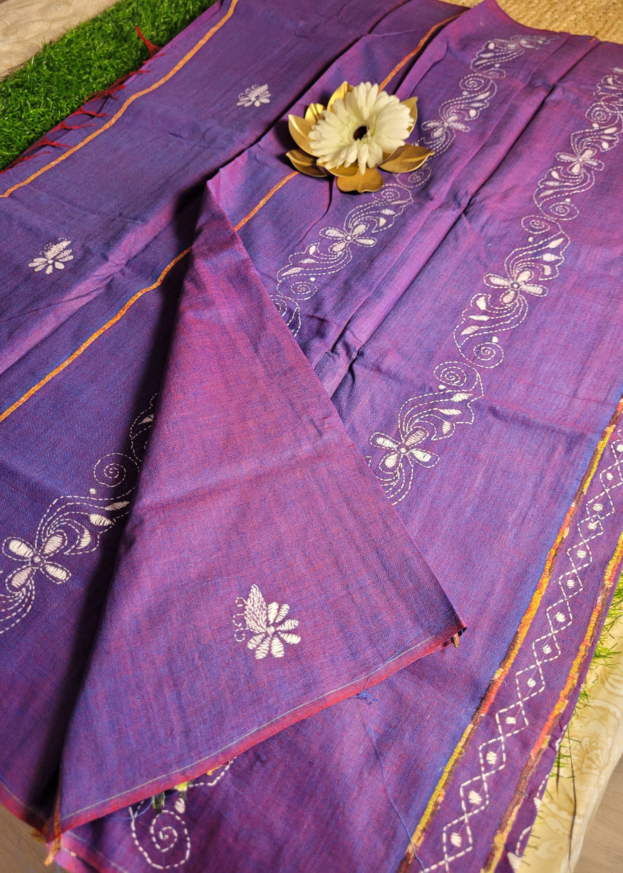 Purple Colour Cotton Saree With Kantha Work- Bengal