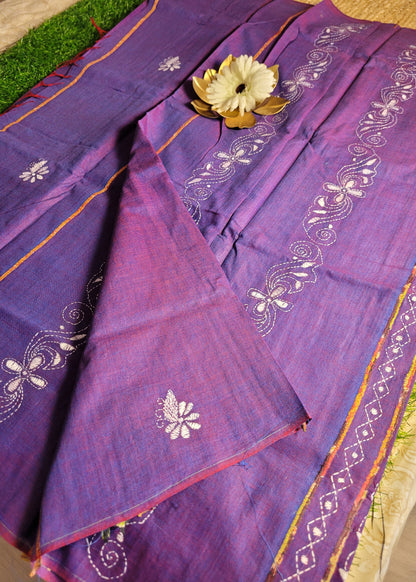 Purple Colour Cotton Saree With Kantha Work- Bengal