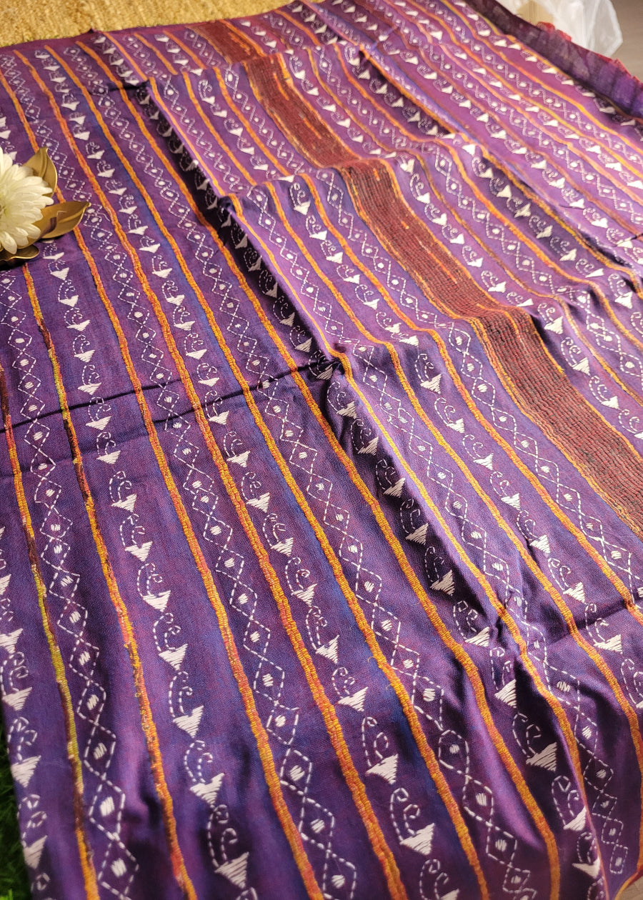 Purple Colour Cotton Saree With Kantha Work- Bengal