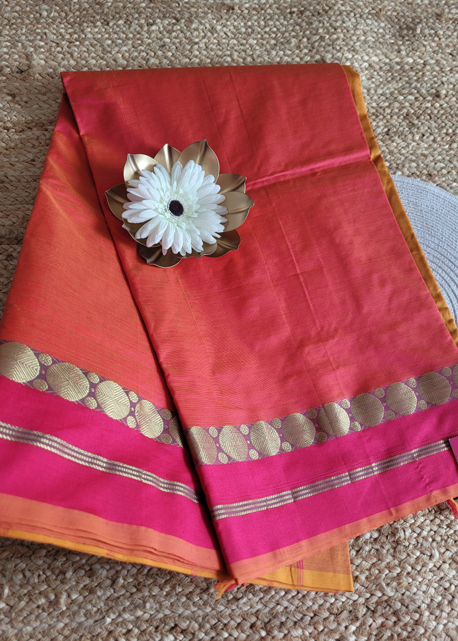 Brick Colour Poly Cotton Saree- Casual