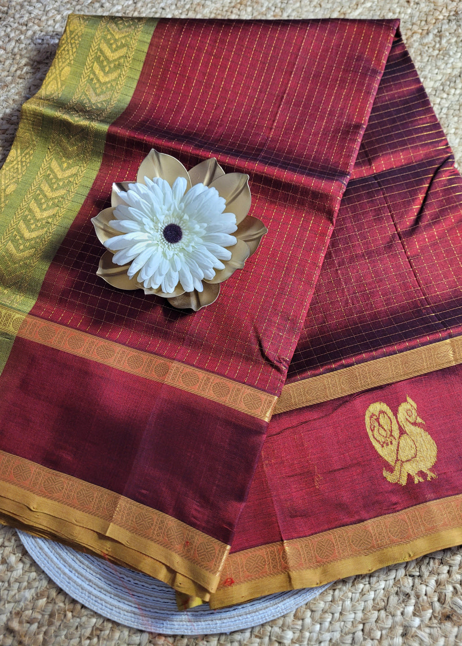 Dark Maroon And Golden Yellow Silk-Cotton Saree- TN