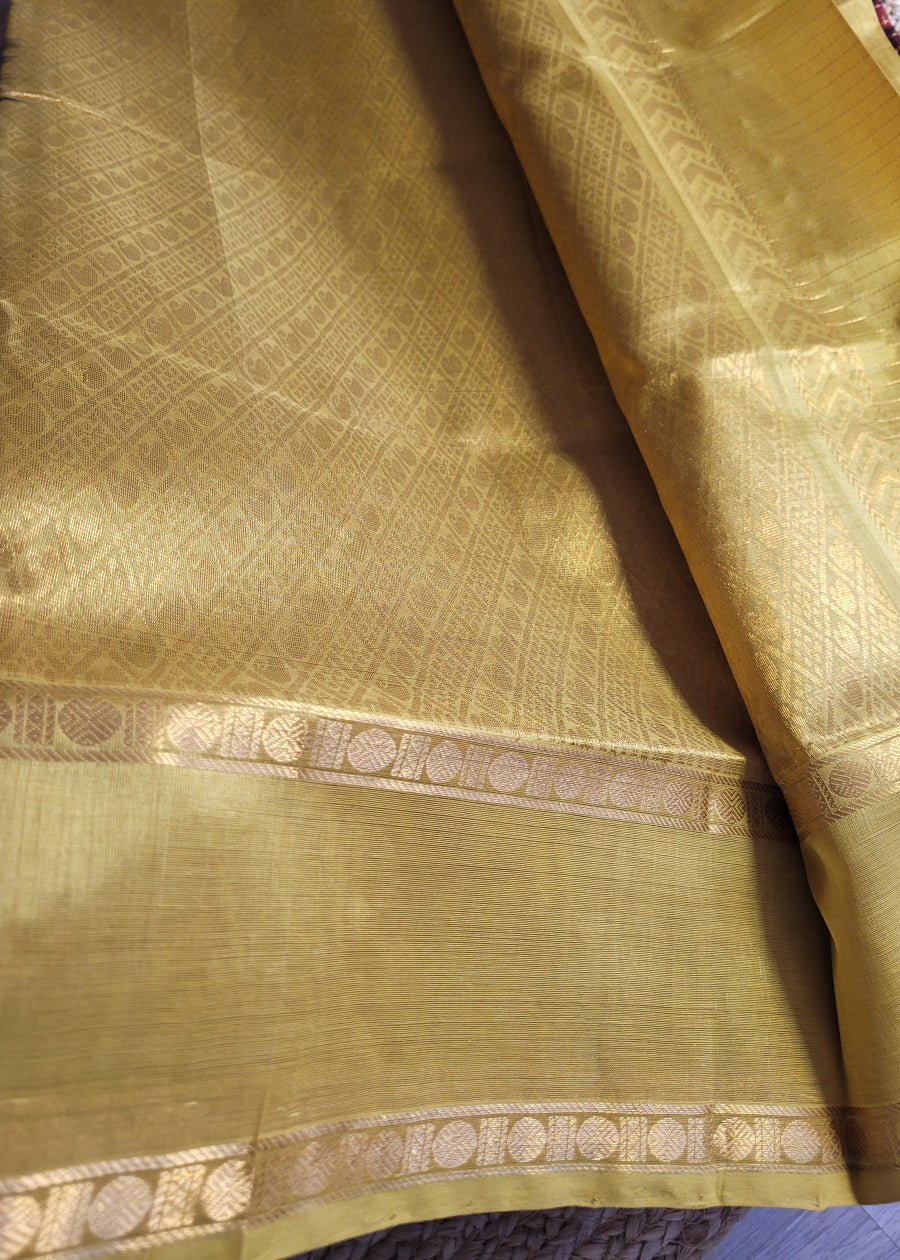 Dark Maroon And Golden Yellow Silk-Cotton Saree- TN