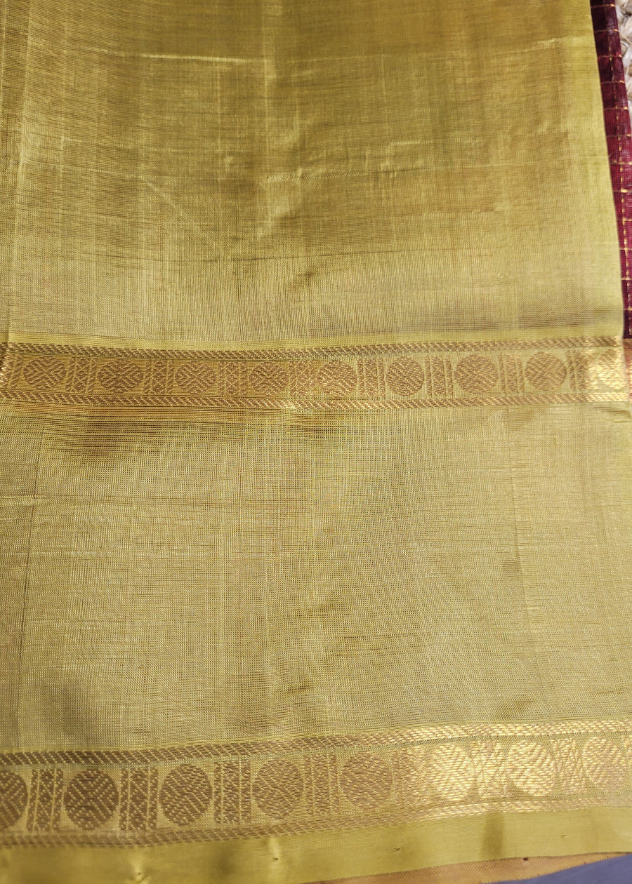 Dark Maroon And Golden Yellow Silk-Cotton Saree- TN