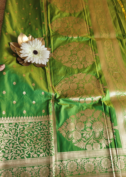 Mehandi green And Parrot Green Dual Toned Semi Silk Saree-Banaras