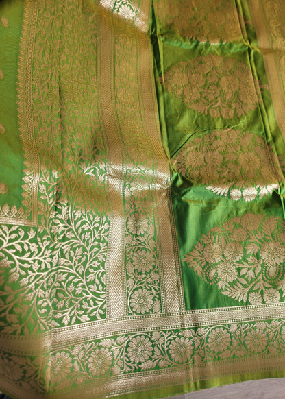 Mehandi green And Parrot Green Dual Toned Semi Silk Saree-Banaras