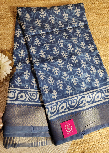 Indigo Colour Block Printed Cotton Saree- Jaipur