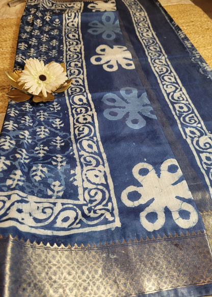 Indigo Colour Block Printed Cotton Saree- Jaipur