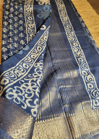Indigo Colour Block Printed Cotton Saree- Jaipur
