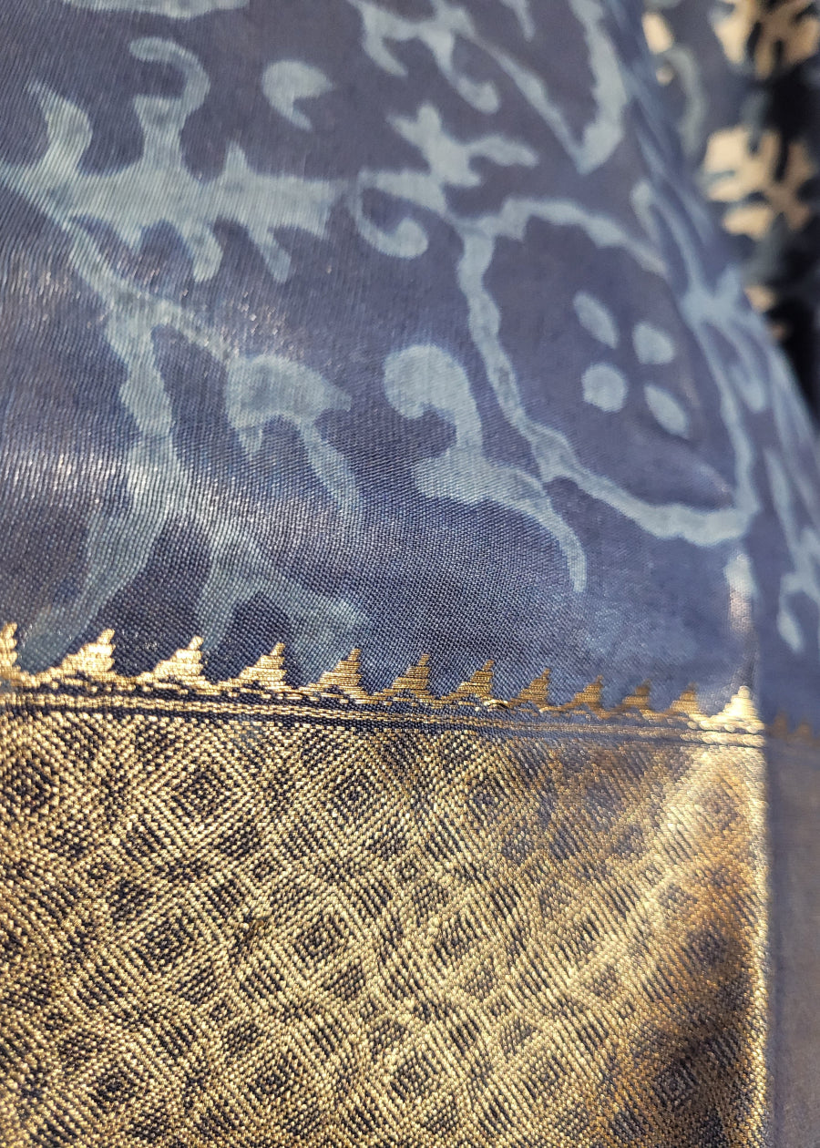 Indigo Colour Block Printed Cotton Saree- Jaipur