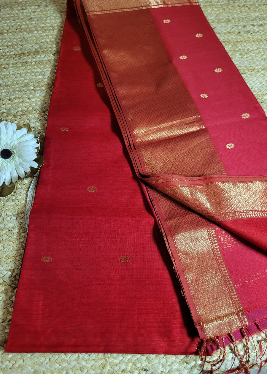 Chilli Red Maheshwari Silk Cotton Saree- Madhya Pradesh