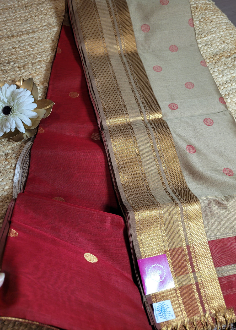 Blood Red And Beige Pure Maheshwari Silk Cotton Saree- MP