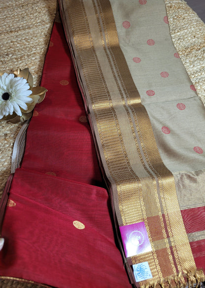 Blood Red And Beige Pure Maheshwari Silk Cotton Saree- MP