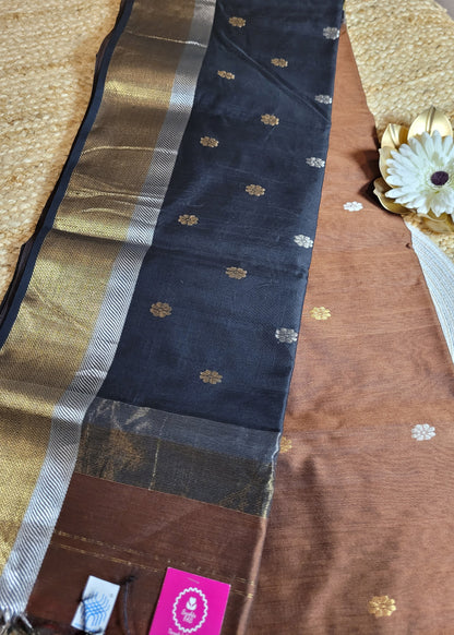 Brown And Black Pure Maheshwari Silk Cotton saree- MP