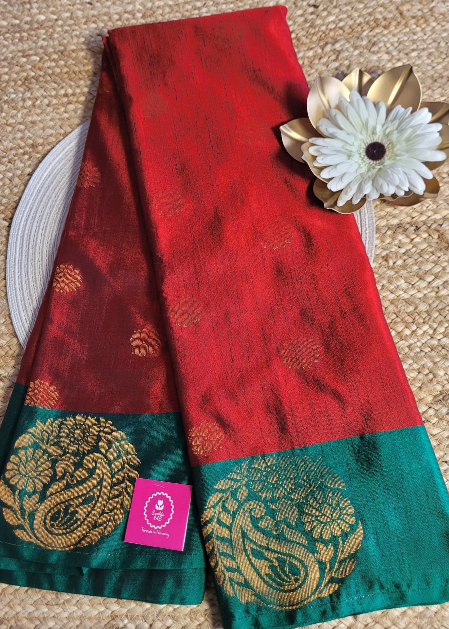 Brick Red and Green Dual Toned Semi Tussar Silk Saree- Banaras