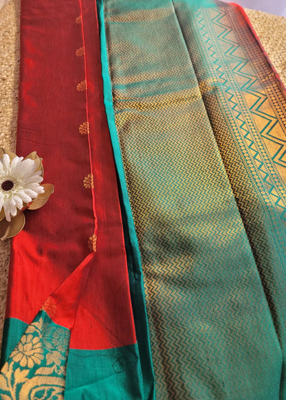 Brick Red and Green Dual Toned Semi Tussar Silk Saree- Banaras