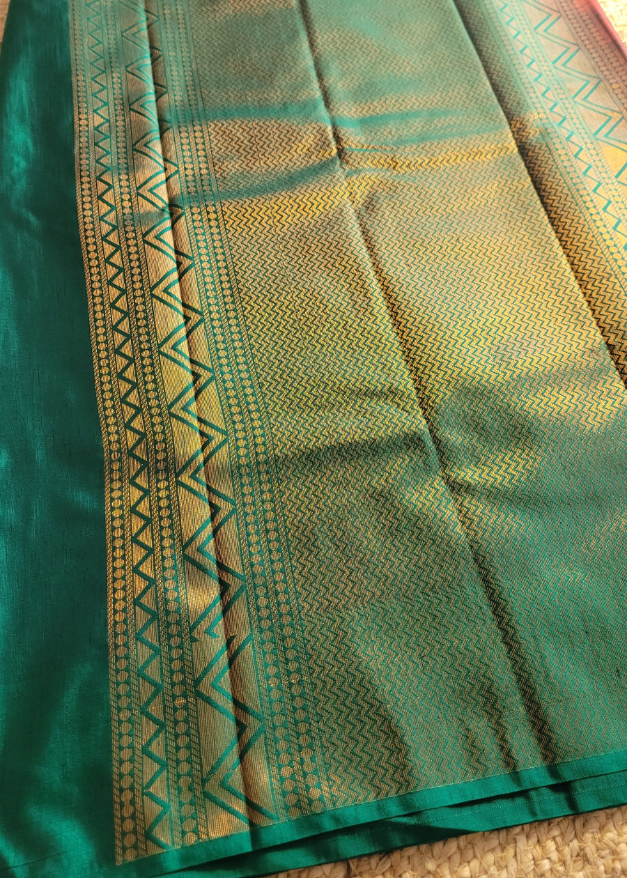 Brick Red and Green Dual Toned Semi Tussar Silk Saree- Banaras