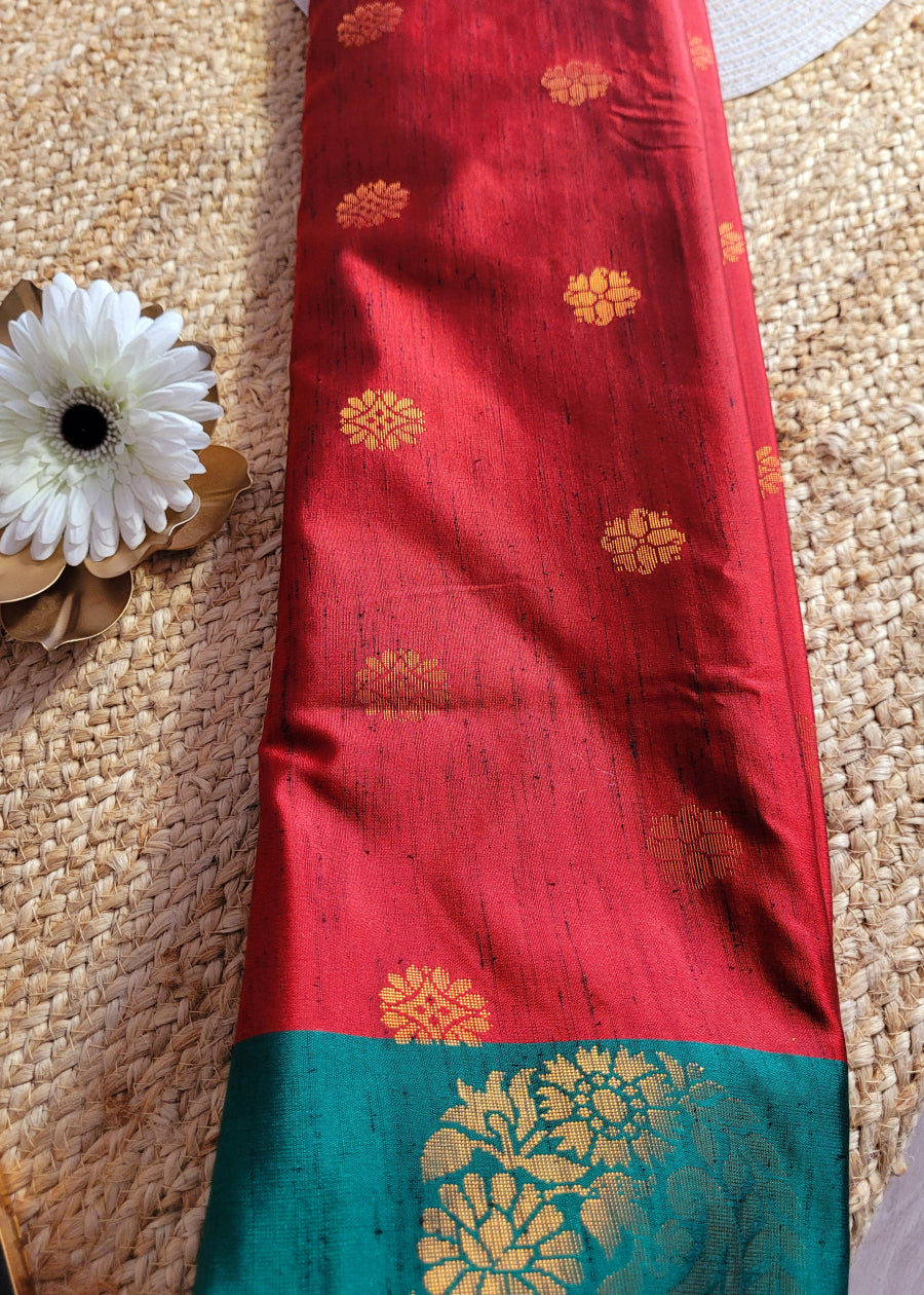 Brick Red and Green Dual Toned Semi Tussar Silk Saree- Banaras