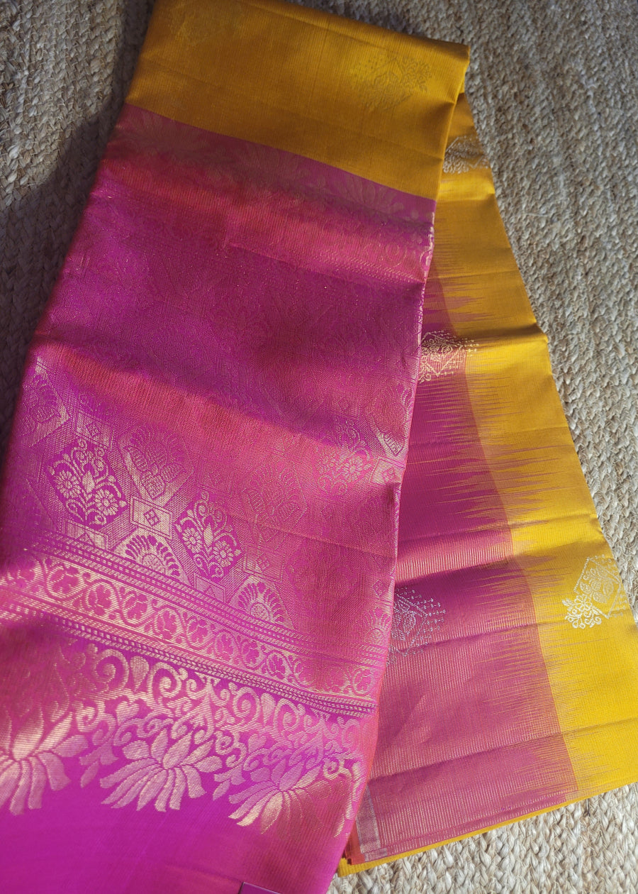 Turmeric Yellow And Dual Tone Pink Pure Kancheepuram Silk Saree- TN