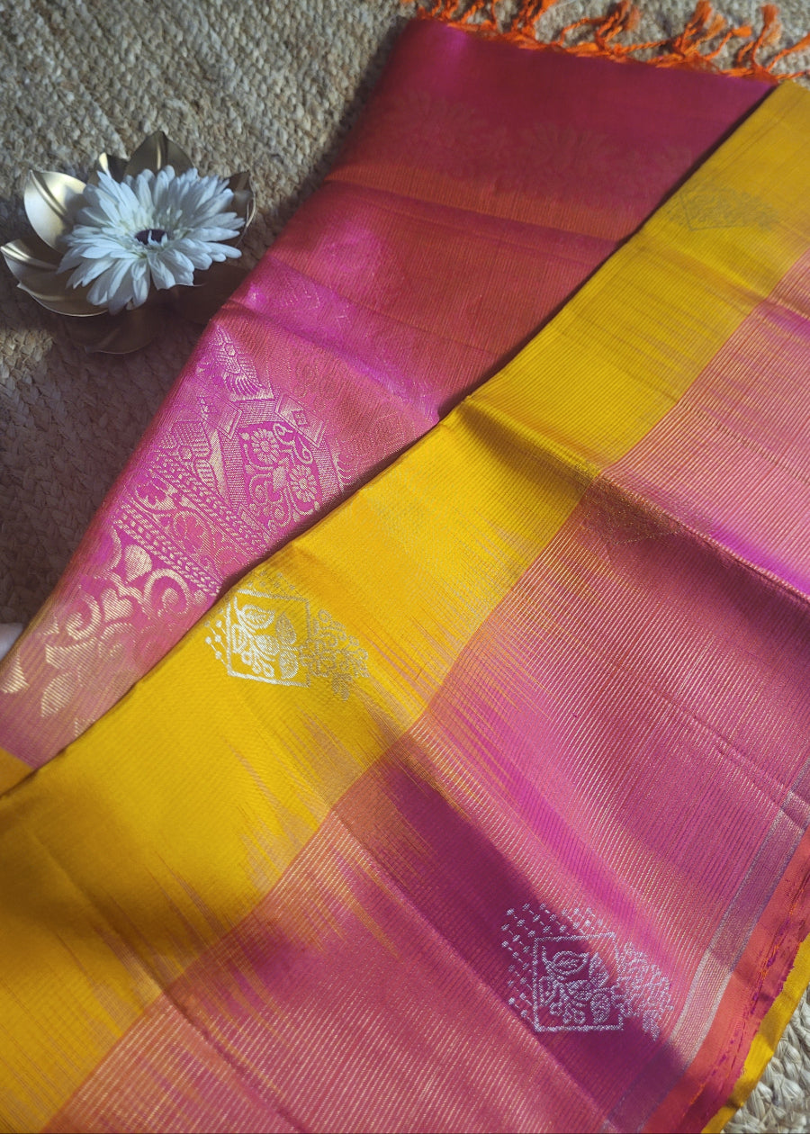Turmeric Yellow And Dual Tone Pink Pure Kancheepuram Silk Saree- TN