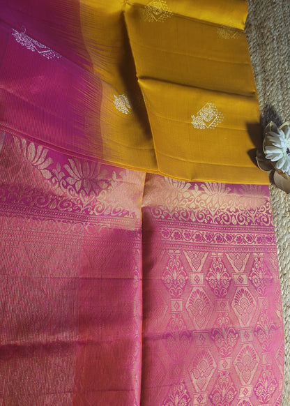 Turmeric Yellow And Dual Tone Pink Pure Kancheepuram Silk Saree- TN