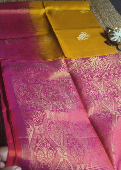 Turmeric Yellow And Dual Tone Pink Pure Kancheepuram Silk Saree- TN