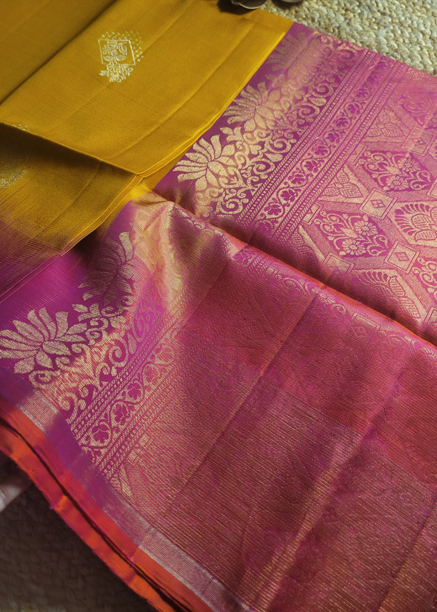 Turmeric Yellow And Dual Tone Pink Pure Kancheepuram Silk Saree- TN
