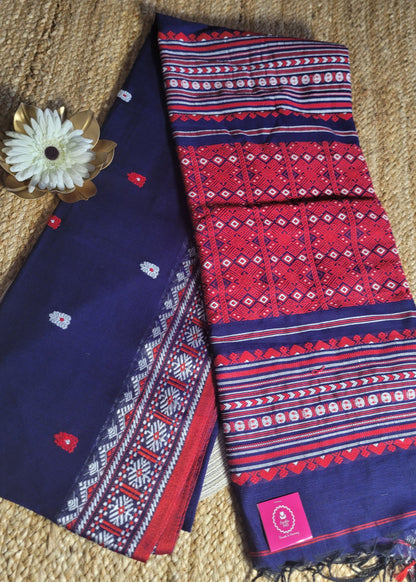 Navy Blue and Red Soft Cotton Saree- Bengal