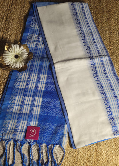 White and Blue Soft Cotton Saree-Bengal