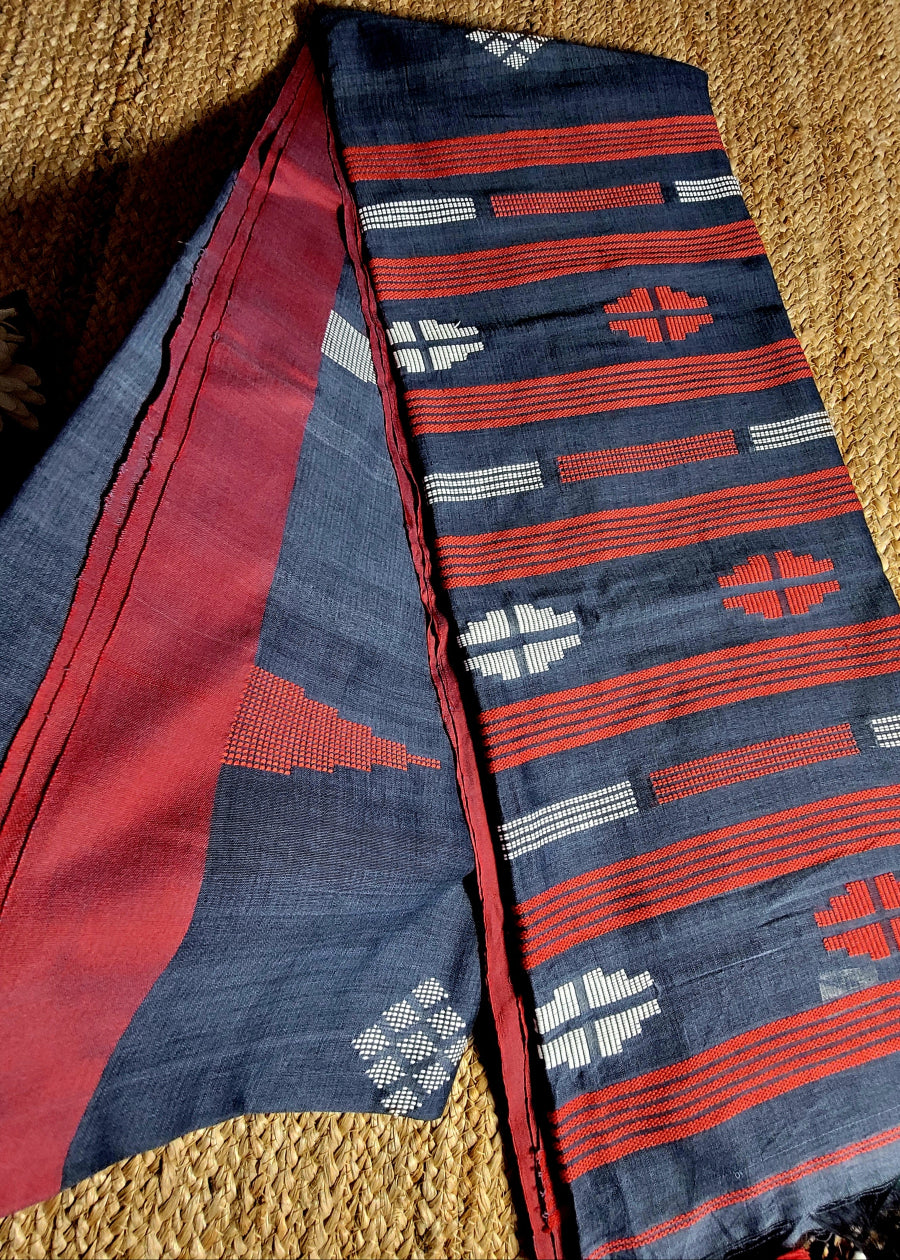 Grey and Red Soft Cotton Saree- Bengal
