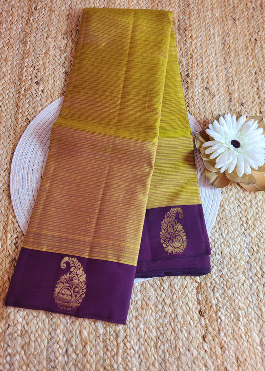 Yellow And Dark Brown Pure Silk Saree - TN