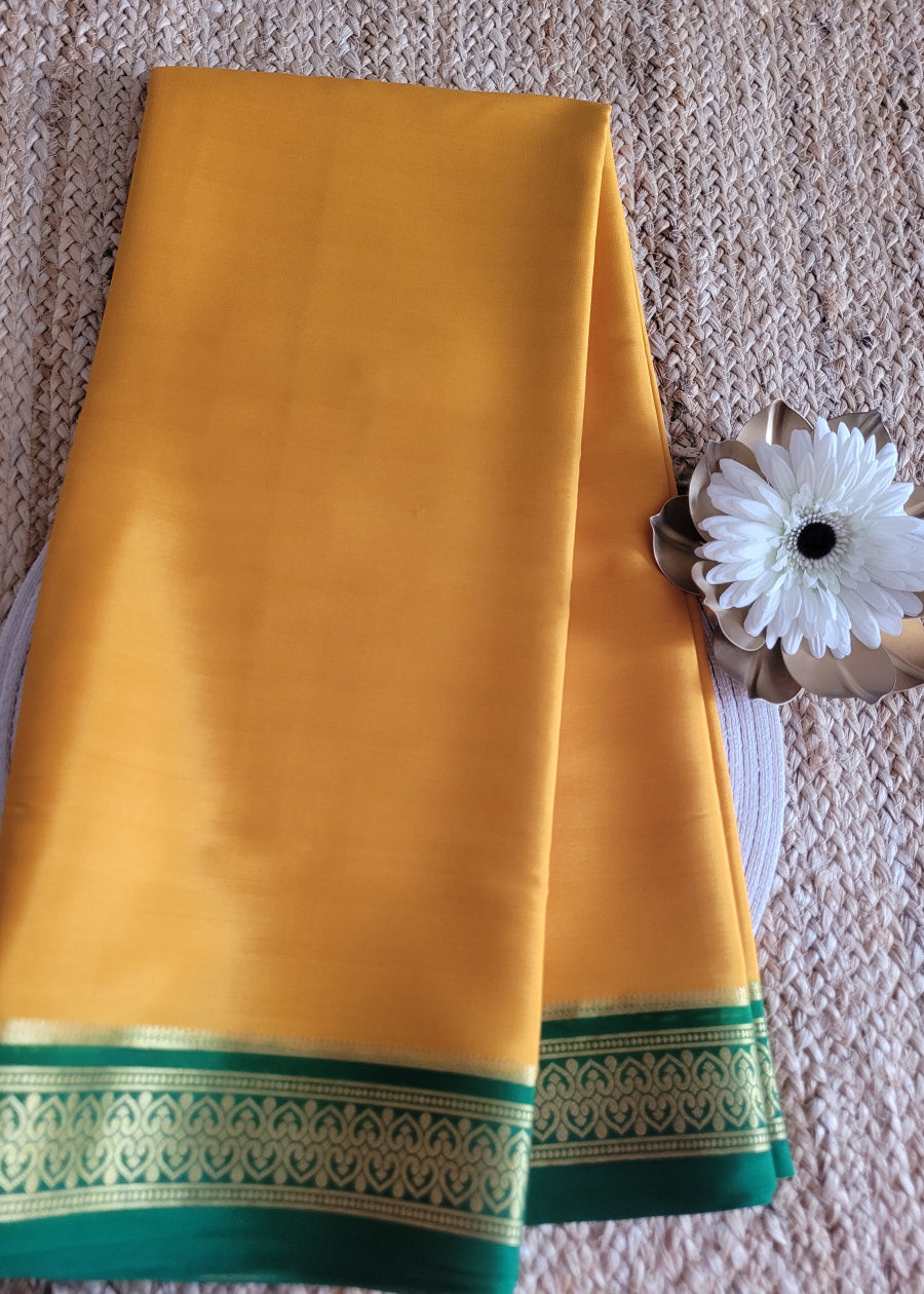 Yellow And Green Pure Mysore Silk Saree - Karnataka