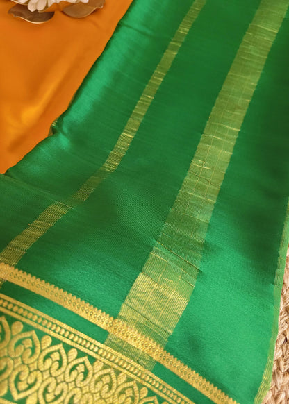 Yellow And Green Pure Mysore Silk Saree - Karnataka