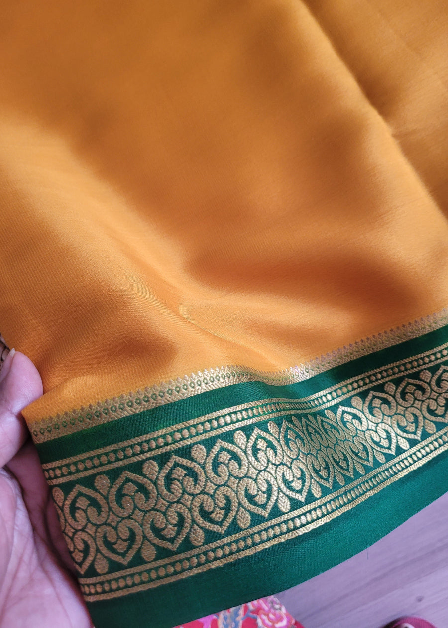 Yellow And Green Pure Mysore Silk Saree - Karnataka