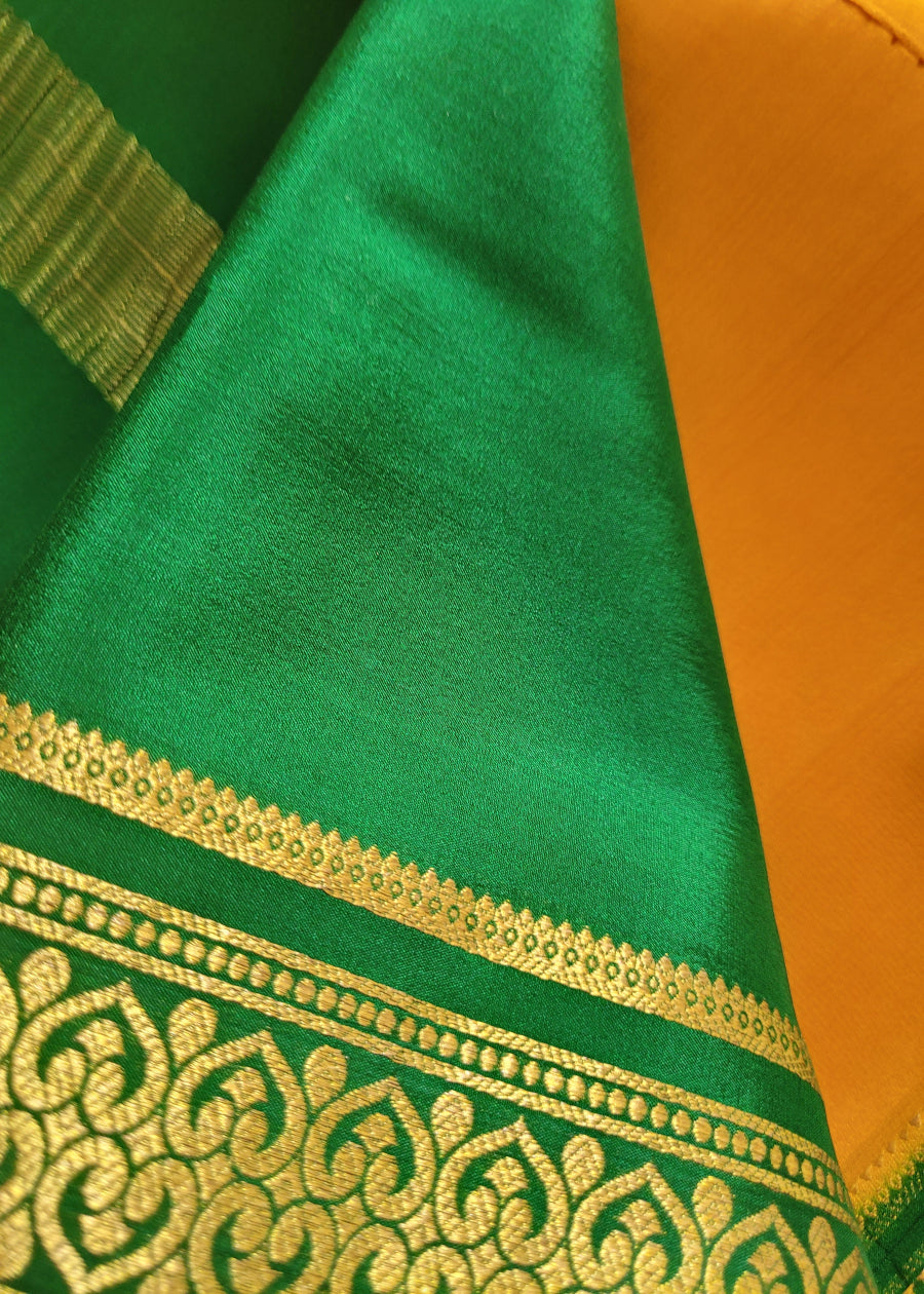 Yellow And Green Pure Mysore Silk Saree - Karnataka