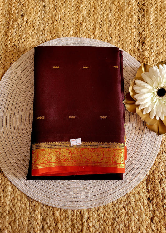Dark Brown And Orange Pure Mysore Silk Saree - Karnataka