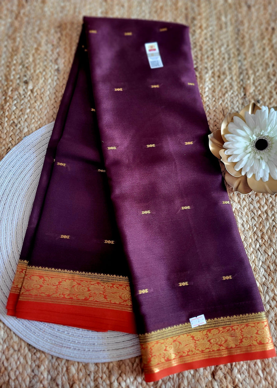 Dark Brown And Orange Pure Mysore Silk Saree - Karnataka
