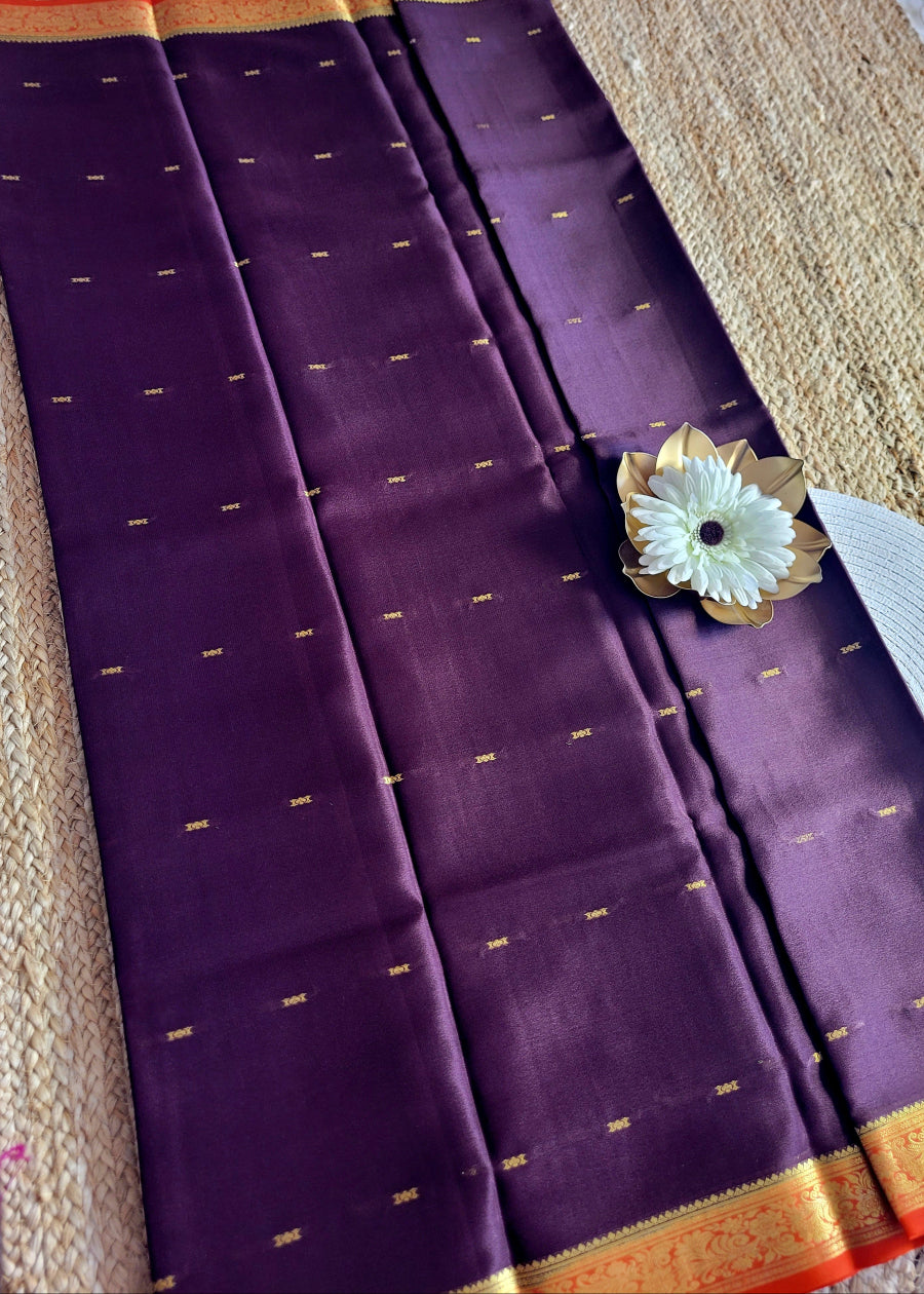 Dark Brown And Orange Pure Mysore Silk Saree - Karnataka