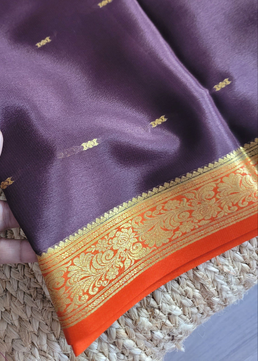 Dark Brown And Orange Pure Mysore Silk Saree - Karnataka